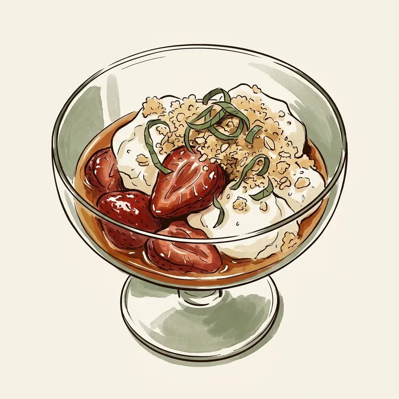 Illustration de Fraises rôties à l'érable, crème fouettée au mascarpone et croustillant aux amandes