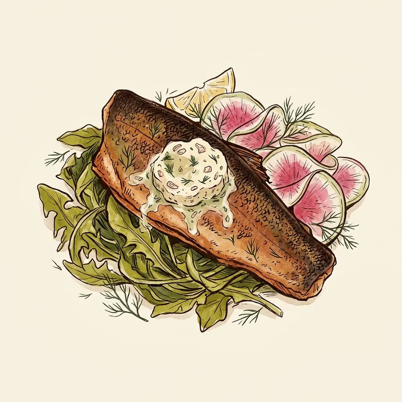 Illustration de Truite poêlée aux pissenlits et beurre à l'échalote et à l'aneth