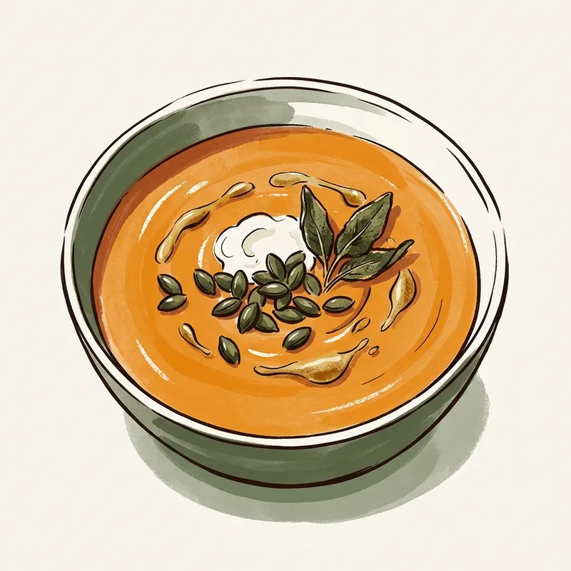 Illustrated depiction of Red Kuri Squash & Baby Ginger Soup with Brown Butter Pumpkin Seeds