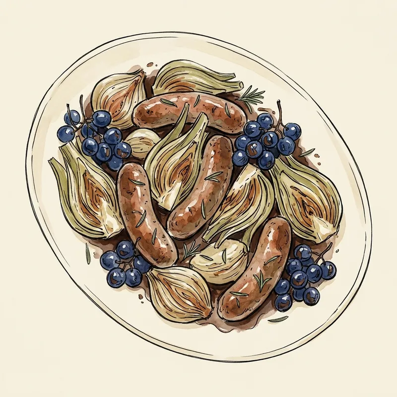Illustrated depiction of Roasted Italian Sausages with Grapes, Fennel & Cipollini