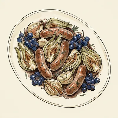 Illustrated depiction of Roasted Italian Sausages with Grapes, Fennel & Cipollini