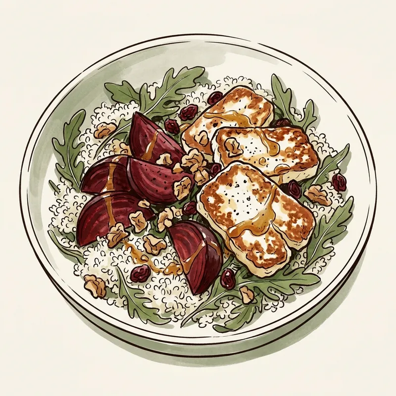 Illustrated depiction of Seared Halloumi & Roasted Beet Warm Bowl