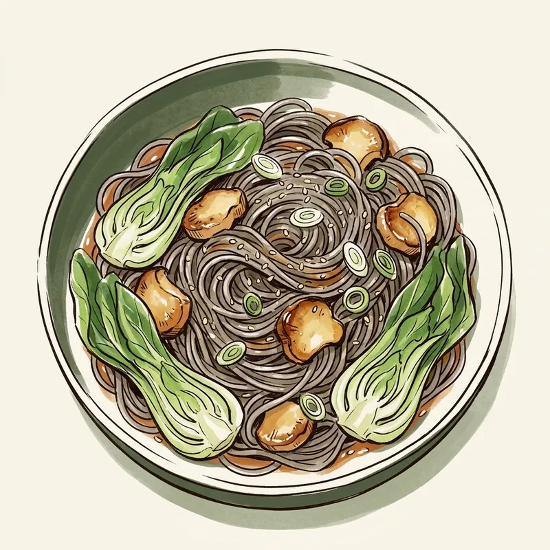 Illustration de Nouilles soba sautées au bok choy et aux champignons