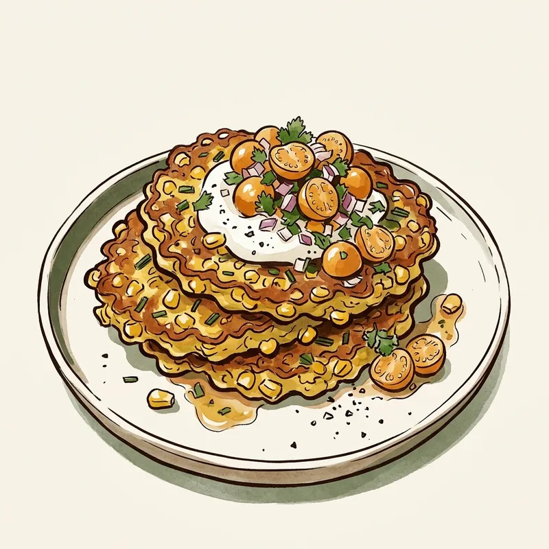 Illustration de Beignets de maïs et ciboulette, salsa aux cerises de terre