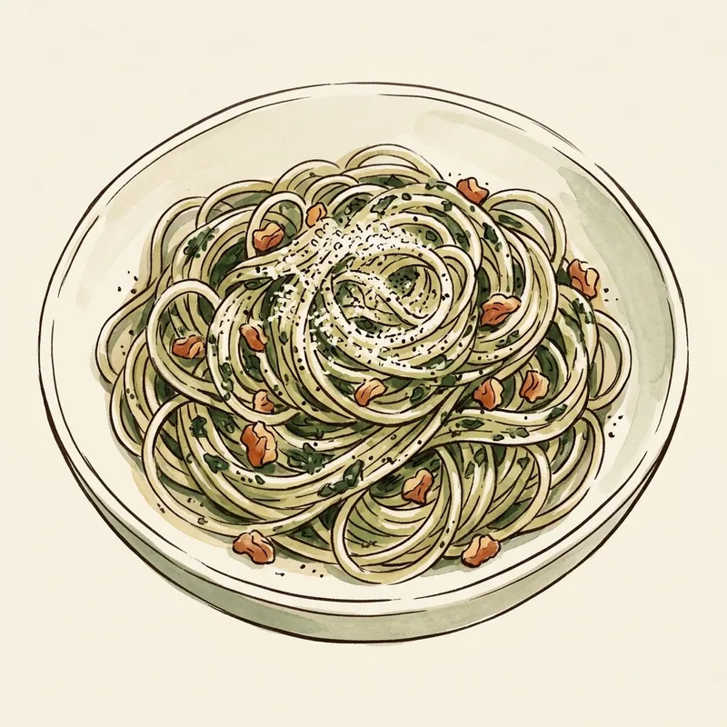 Illustration de Pâtes au pesto zéro gaspillage aux fanes de légumes
